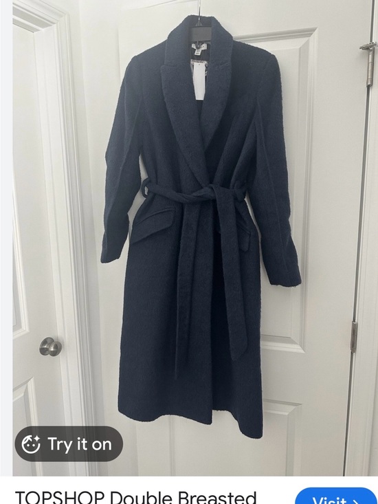 Topshop Jackets & Blazers - Top-shop Double Breasted Long Belted Navy Coat MSRP $150